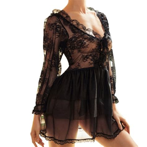 Women S Lace Robe Mesh Chemise Nightgown Cover Up Babydoll Lingerie Nightgown Dress Black S