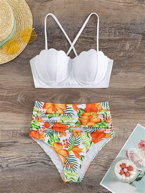 Bañador bikini push up con estampado tropical ribete en abanico Moda