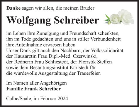 Traueranzeigen Von Wolfgang Schreiber Abschied Nehmen De