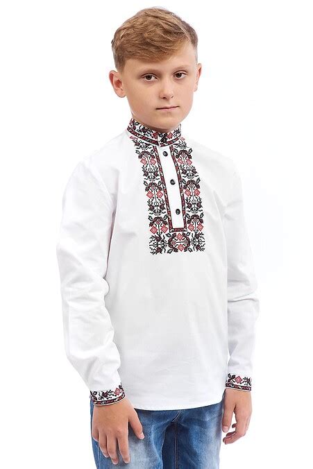 Белая хлопковая вышитая рубашка для мальчиков с длинными рукавами ...
