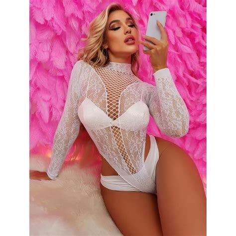 Ensemble de Lingerie Sexy pour femmes Body rose col suspendu résille ajouré une pièce Body