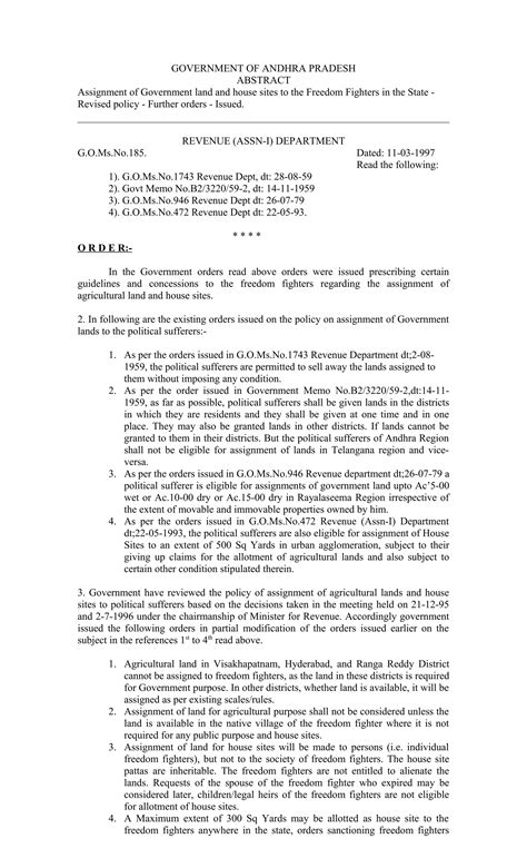 185-Assignment of Government land and house sites to the Freedom