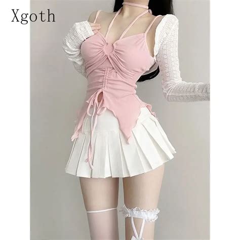 Xgoth Three Piece Suits Pure Sexy Hot Girl Lace Short Cardigan Hanging Neck Camis A Line