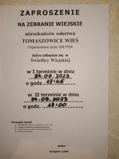 ZAPROSZENIE NA ZEBRANIE WIEJSKIE 0 Tomaszowice Wieś