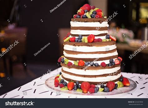 Naked Layered Chocolate Cake Topped Fruit Stock Photo 523267858 Shutterstock