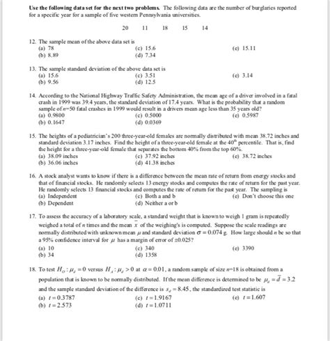 Solved Use The Following Data Set For The Next Two Problems