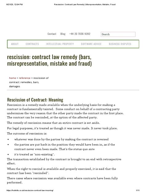 Rescission Contract Law Remedy Misrepresentation Mistake Fraud