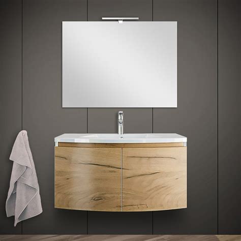 Mobile Bagno Sospeso Curvo Cm Rovere Oro Con Lavabo E Specchio