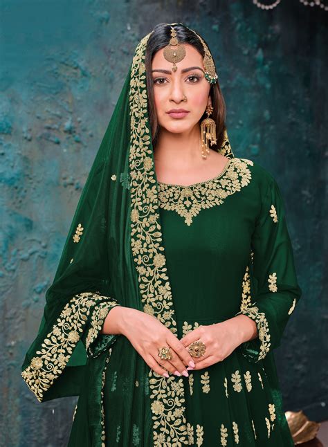 Dark Green Designer Embroidered Georgette Anarkali Suit | Silk anarkali