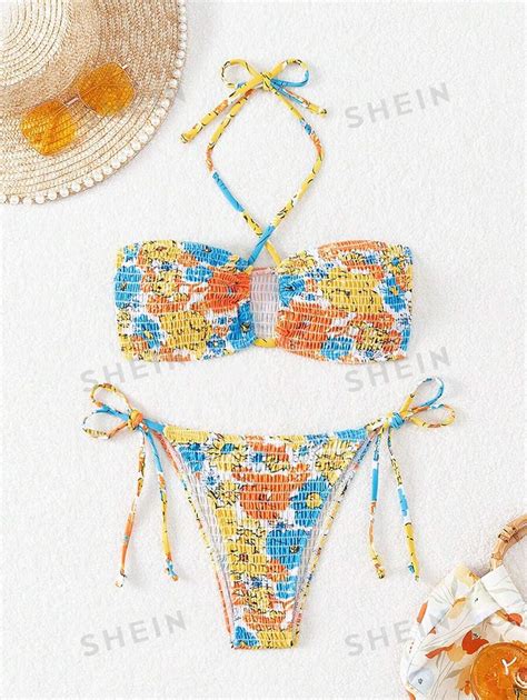 SHEIN Swim Floral Print Push Up Two Piece Swimsuit Set Smocked Bikini Swimwear Bathing Suit