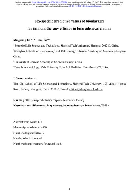 Pdf Sex Specific Predictive Values Of Biomarkers For Immunotherapy