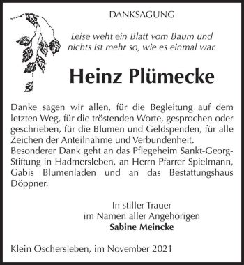 Traueranzeigen von Heinz Plümecke abschied nehmen de