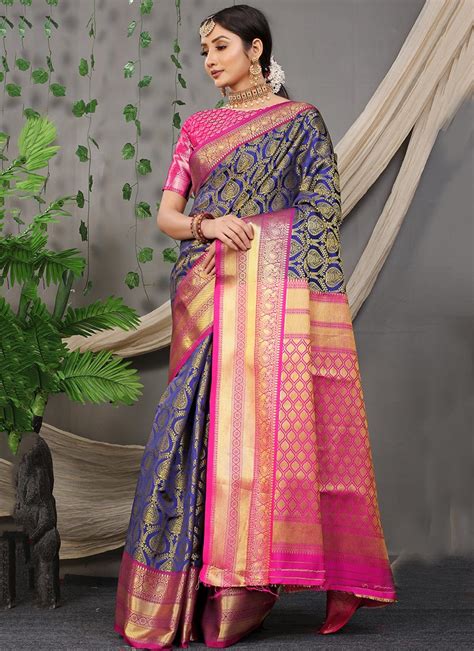 Buy Patola Silk Gold Zari Weaving Navy Blue Color Saree Festive Wear