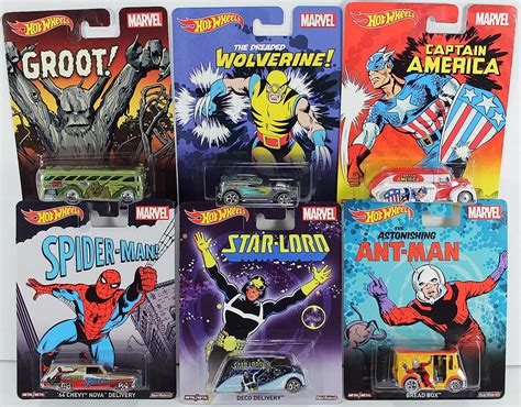Hot Wheels Pop Culture Marvel Series Set Of Groot Captain America Wolverine Spider Man