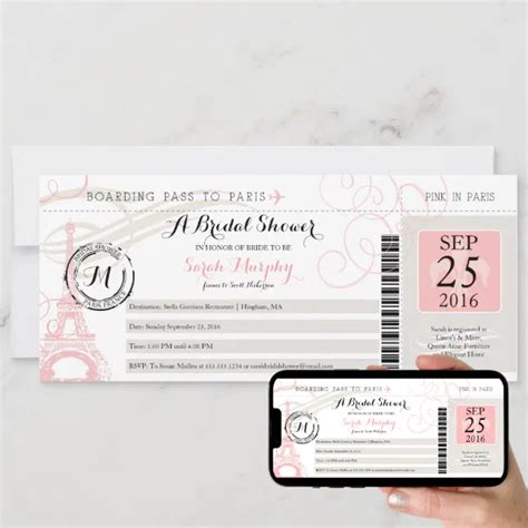 Vintage Paris France Bridal Shower Boarding Pass Invitation Zazzle