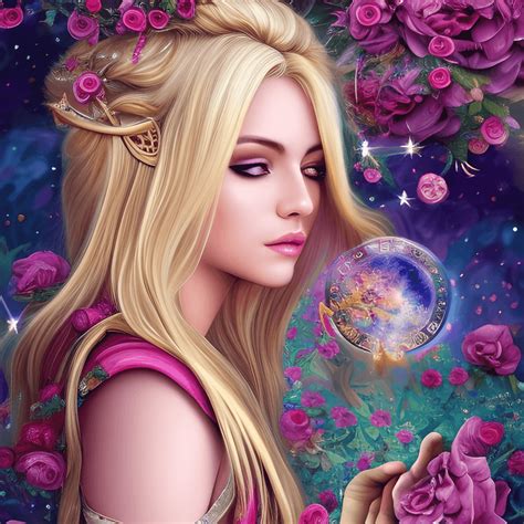 Schöne blonde Frau mit Sternzeichen Waage in einer magischen Fantasielandschaft Creative Fabrica