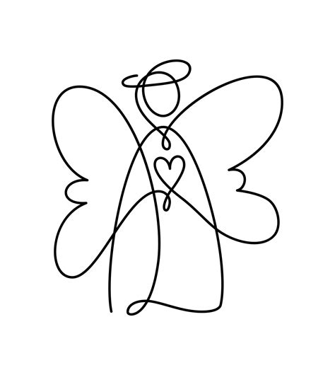 Simple vector Christmas angel with heart, continuous one line drawing ...