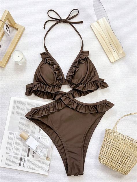 SHEIN Swim Cut Out V-Neck Ruffle Trimmed One-Piece Swimsuit Bathing