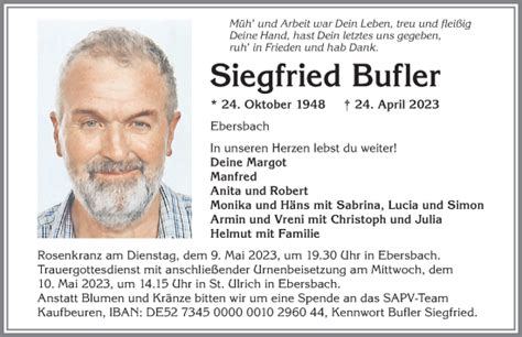 Traueranzeigen Von Siegfried Bufler Allg Uer Zeitung