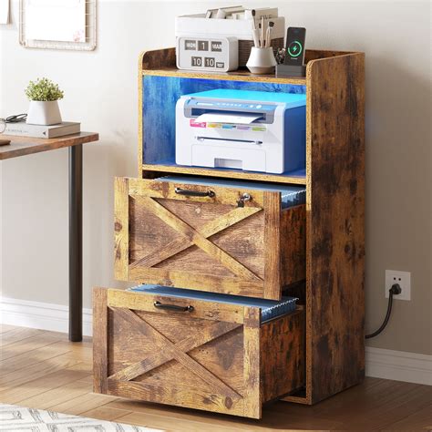 Dextrus File Cabinet With Led Light Charging Station Drawer Wood