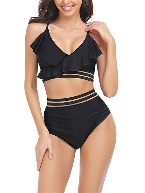 Shunvnny Women Bikini Set Solid Flower Print Sleeveless Bra With High Waist Briefs Bathing