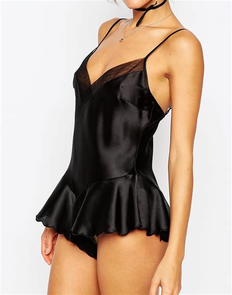 Lyst Asos Flirty High Leg Satin Teddy In Black