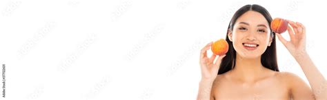 Website Header Of Naked Asian Woman Holding Whole Ripe Peaches Isolated On White Stock Photo
