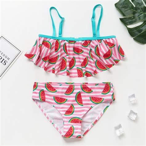 Maillot De Bain Bikini Fendu Pour Fille À Volants Enfants Imprimé Pastèque Rayé