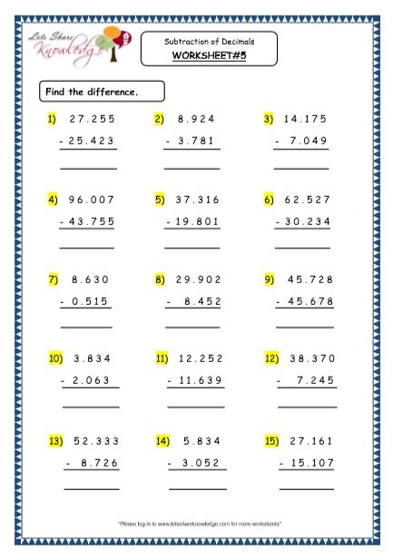 grade  maths resources  subtraction  decimals printable