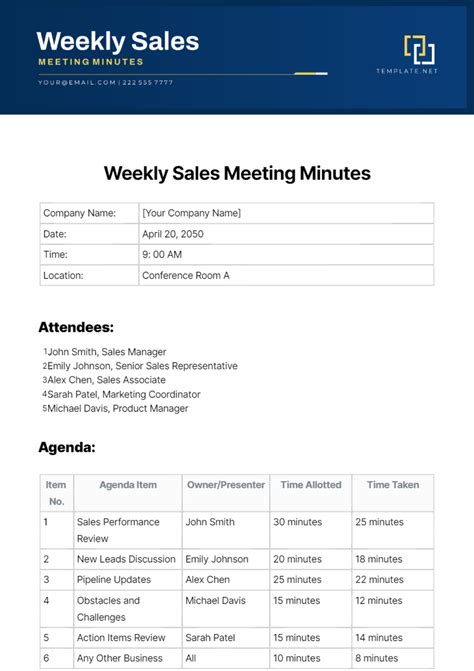 Free Weekly Sales Meeting Minutes Template to Edit Online