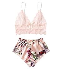 Wdirara Women Silk Satin Pajamas Set Pcs Lingerie Floral Lace Cami Sleepwear With Robe At