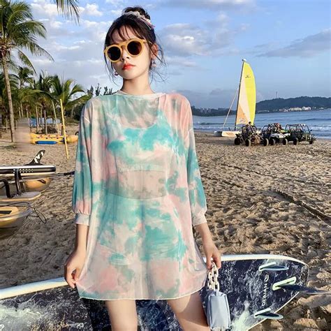 Korean Swimsuit 3 Piece Y2k Bikini Print Mesh Cover Up Sun Protection Blouse Split Swimwear