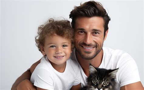 Premium Photo Worried Father Protects Son From Pet Isolated On A