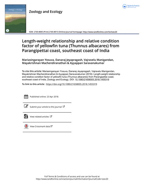 Pdf Length Weight Relationship And Relative Condition Factor Of Yellowfin Tuna Thunnus