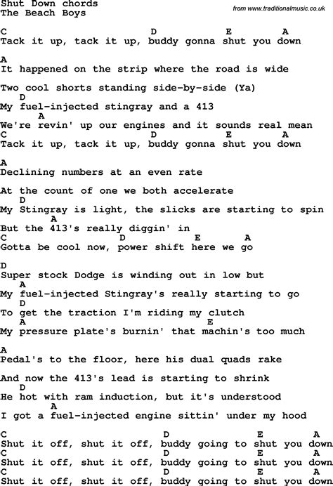 Song lyrics with guitar chords for Shut Down