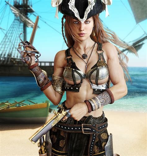 Pirate Female Posing With Dual Cutlass Swords Stock Illustration