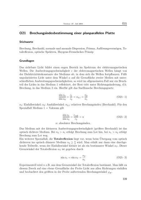 O21 Brechungsindexbestimmung Einer Planparallelen Platte