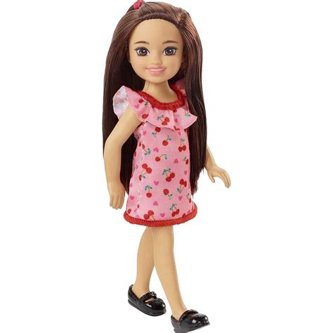 Mattel Barbie Chelsea Doll Brunette Wearing Ruffled Cherry Print Dress And Black Shoes DWJ