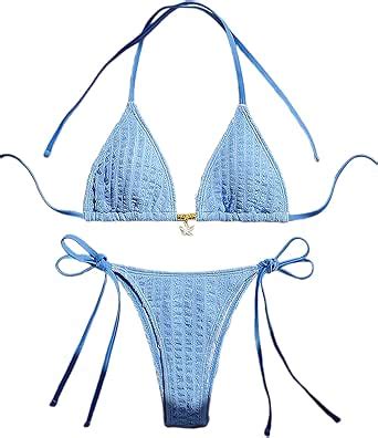Amazon Gorglitter Women S High Cut Thong Bikini Set Textured Halter Triangle String Cute