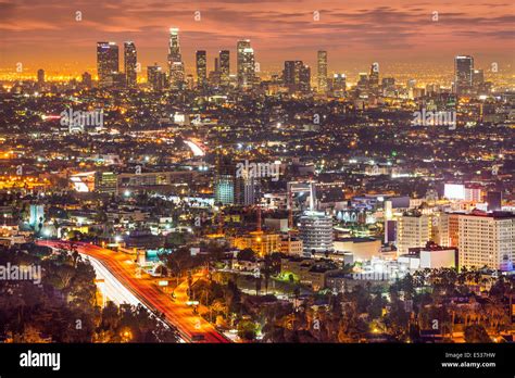 Los Angeles California USA Downtown Skyline At Night Stock Photo Alamy