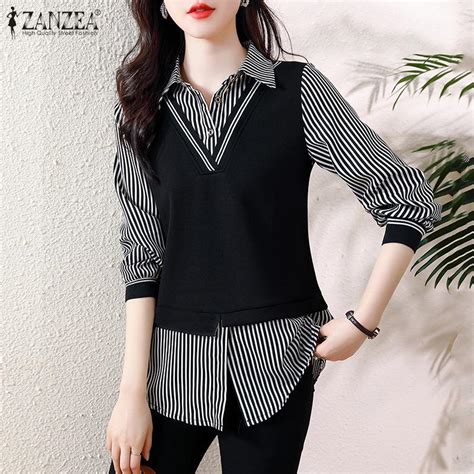 ZANZEA Женская повседневная блузка с отложным воротником и длинным ...