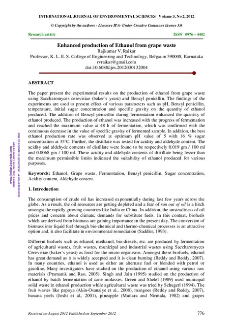 Pdf Enhanced Production Of Ethanol From Grape Waste