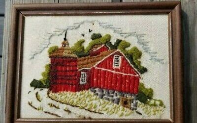 Vintage Jiffy Sunset Stitchery Crewel Spring Barn Silo Completed Framed