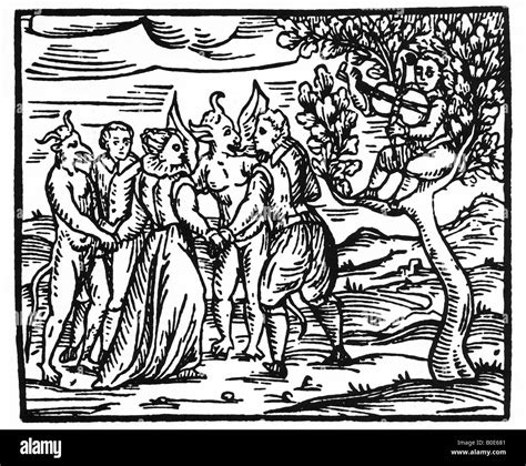 Witchcraft Elizabethan Woodcut Engraving Showing Practitioners Of Stock