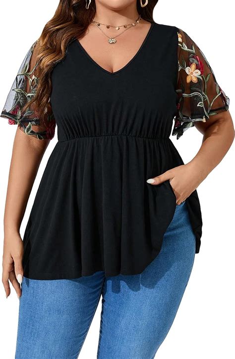 Oyoangle Women S Plus Size Floral Embroidery Mesh Short Sleeve Round