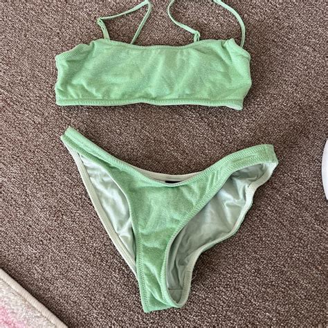 Green Sparkle Triangl Bikini Top Size XS Bottom Size Depop