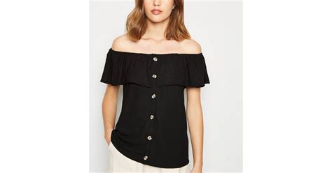 Black Textured Ruffle Trim Bardot Top New Look