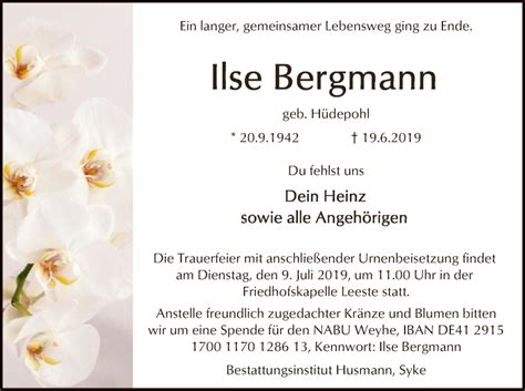 Traueranzeigen Von Ilse Bergmann Trauer Kreiszeitung De