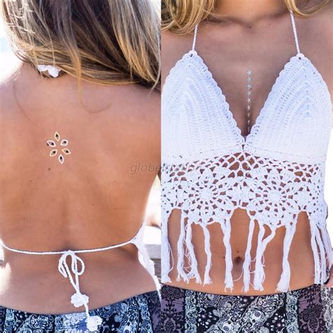 Women Crochet Lace Bralette Knit Bra Boho Beach Bikini Halter Cami Tank