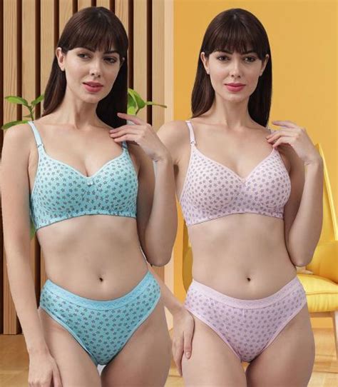 Buy PIBU Women Cotton Bra Panty Set For Lingerie Set Pack Of 2 Color Blue Pink Online